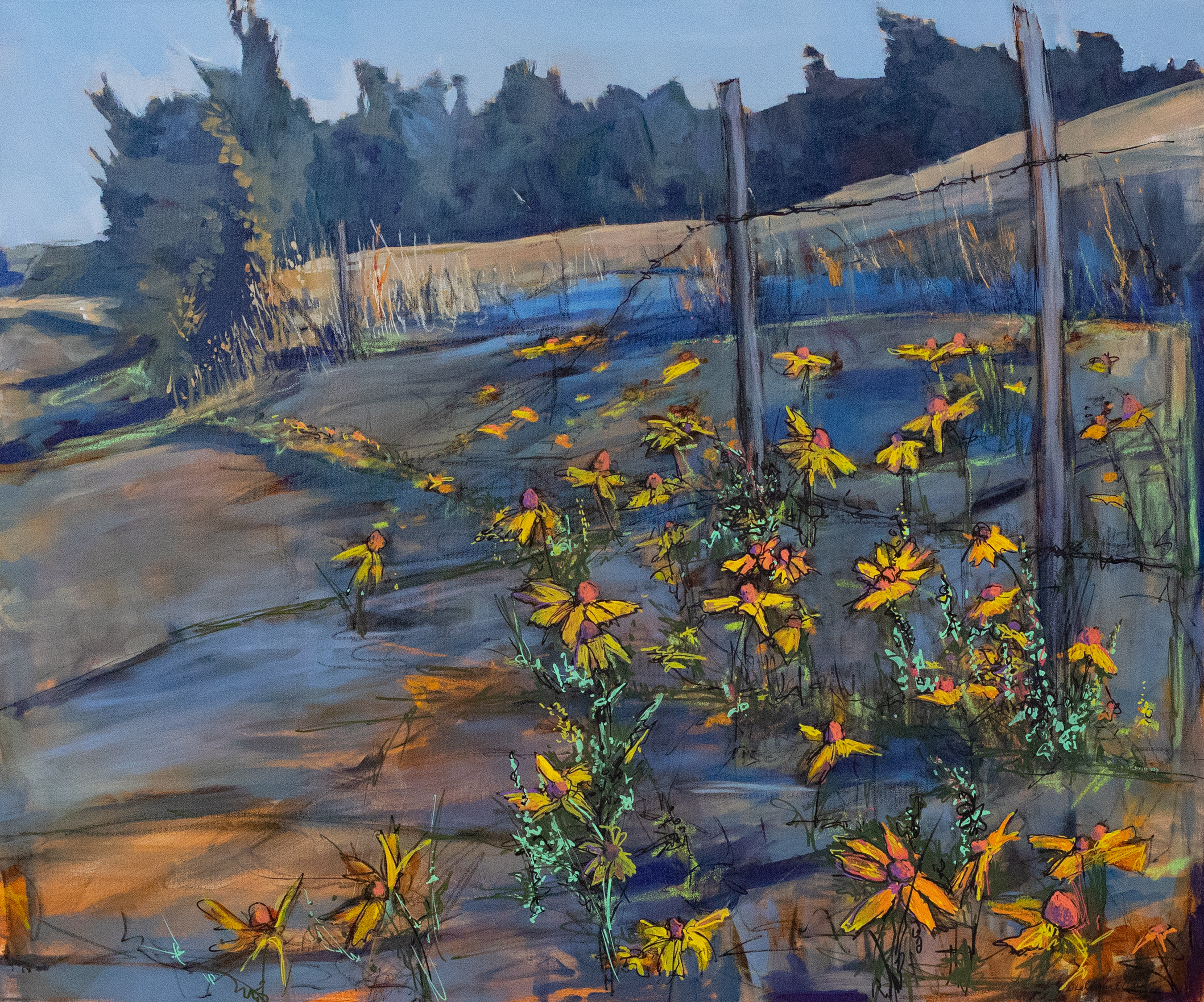Prairie Landscape Ditch Wild Flowers Acrylic Painting