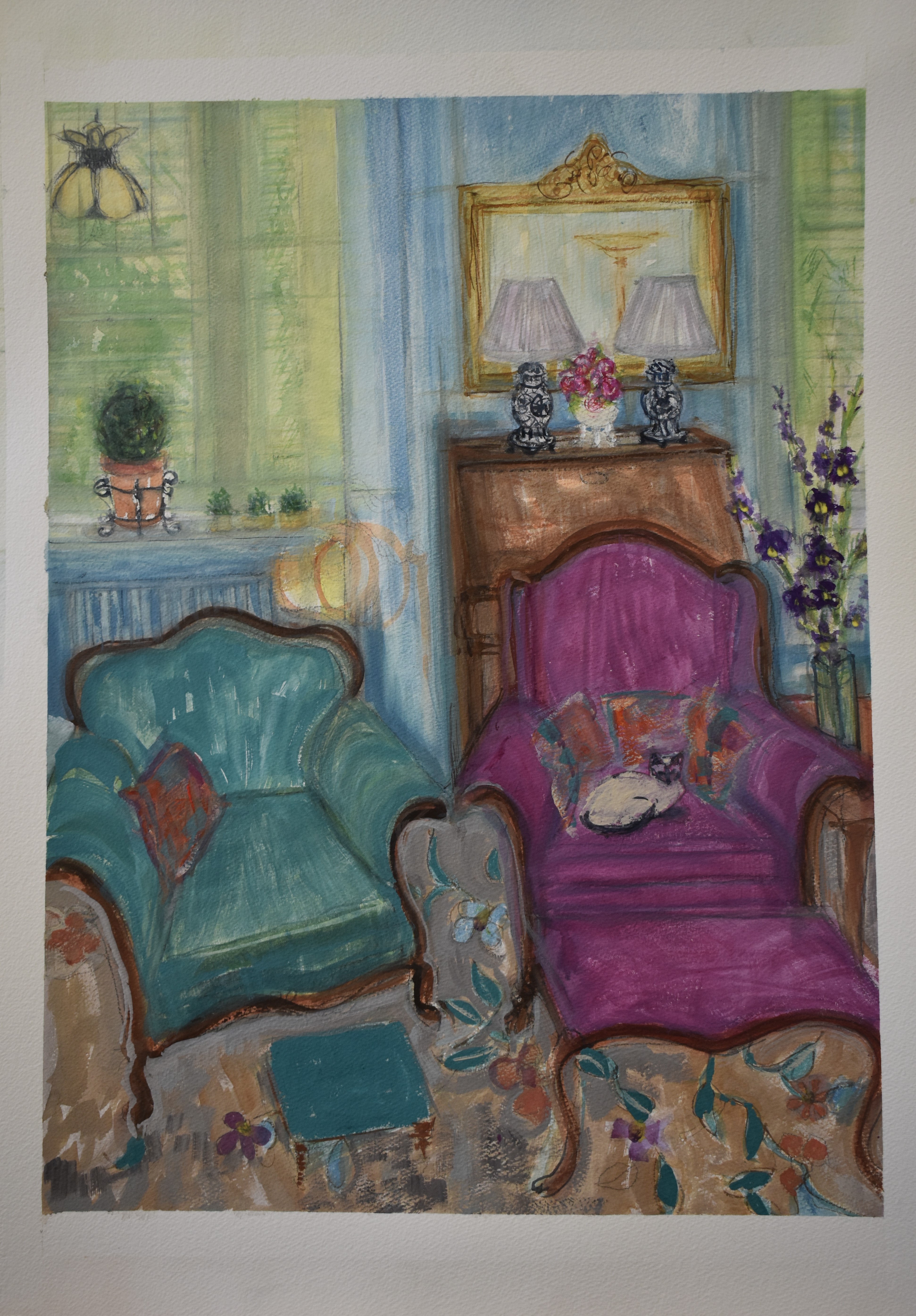 Antique Chairs whimsical art bright colours Gouache Painting