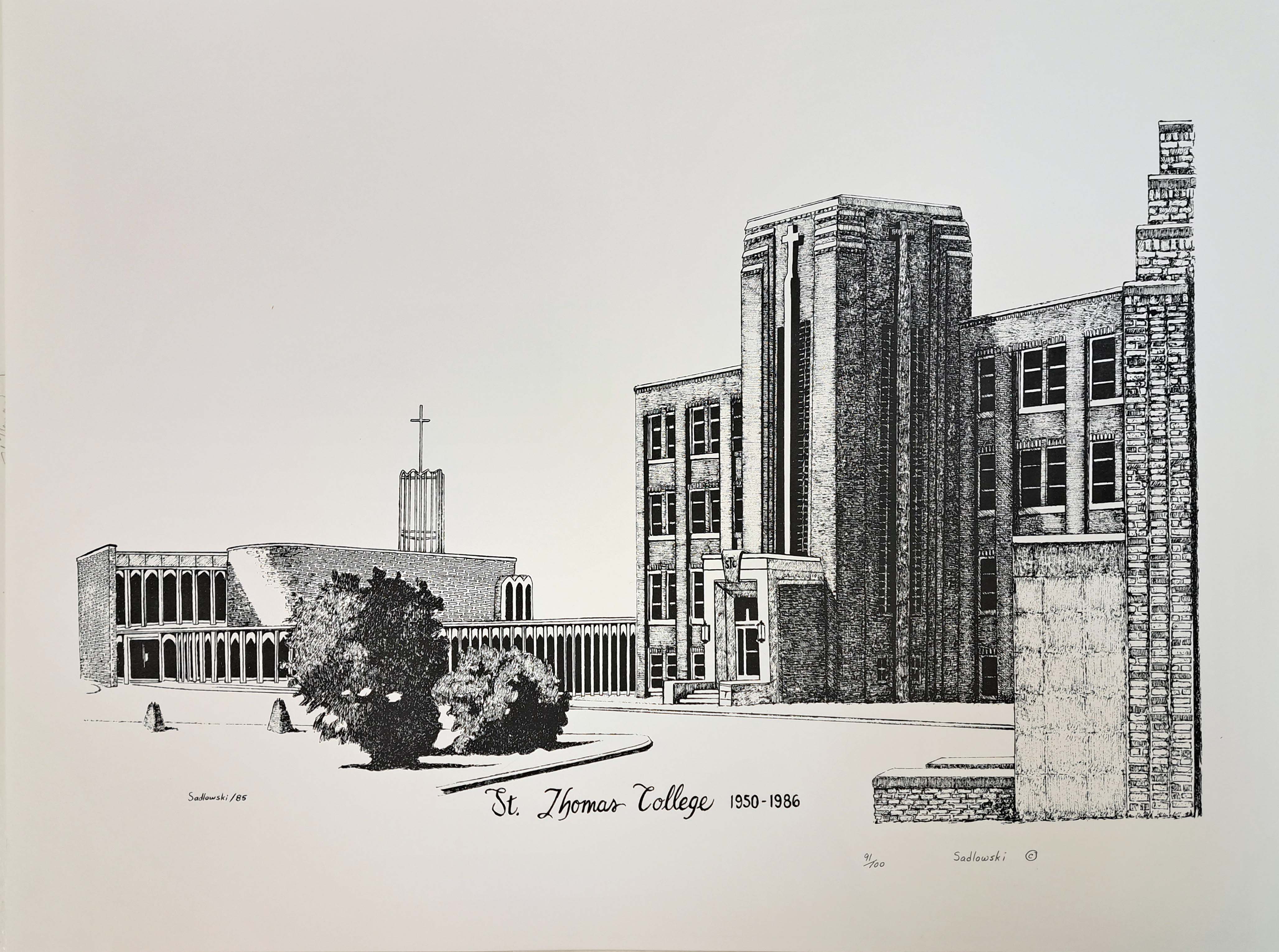 Ink Drawing of St Thomas College and The Chapel Gallery North Battleford by Braun